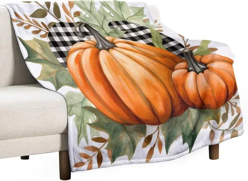Miniatura 34 de Manta de lana cuadriculada con diseño de calabaza, hojas de arce, Acción de Gracias, manta de cama para otoño, Acción de Gracias, ligera, súper