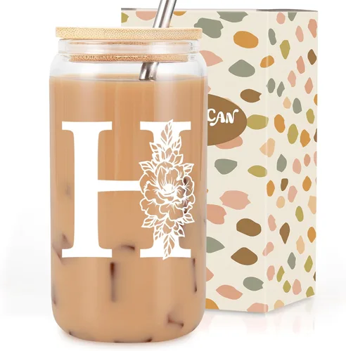 Miniatura 13 de Taza de Vidrio Inicial Coolife, Regalos Personalizados con Monograma para Mujeres, Tazas de Vidrio de 16 oz con Tapas y Popotes, Taza de Café
