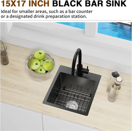 Miniatura 2 de Fregadero de cocina negro, fregadero de barra de acero inoxidable de 15 x 17 pulgadas, fregadero de cocina pequeño, elección ideal para espacios