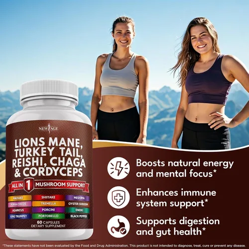 Miniatura 3 de NEW AGE Suplemento de hongo de melena de león con cola de pavo Reishi Cordyceps Chaga con raíz de malvavisco, 180