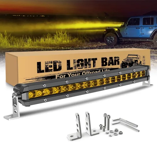 BraveWAY Barra de Luz LED Amarilla de 14 Pulgadas Fila Única 6480LM Haz Combinado Spot Flood Niebla Ámbar Barra de Luz Todoterreno para Camión