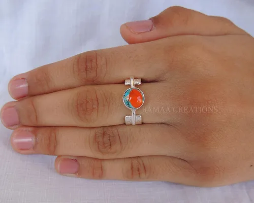 Miniatura 6 de Spiny Oyster Copper Turquoise Ring Handmade Round Turquoise Silver Ring Statement Handmade Jewelry Sterling Silver 925