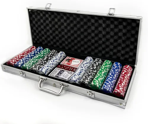 Tradeopia Juego de 500 fichas de póquer con estuche de aluminio, incluye 1 ficha de distribuidor, 2 barajas de cartas, 5 dados rojos, juego de