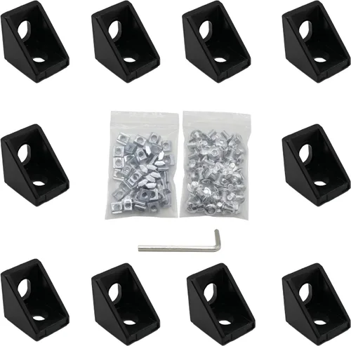 Miniatura 6 de 10 placas de soporte de esquina negras serie 2020 de 5 agujeros en forma de L con 50 tuercas M5 T + 50 tornillos M5 x 0.315 in + 1 llave para ranura