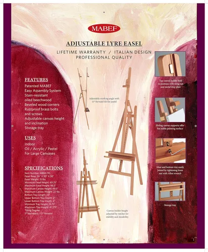 Miniatura 11 de Mabef Caballete de lira de madera M/11, caballete ajustable para artistas de interiores, madera de haya, soporta hasta 22 libras, soporte de lona
