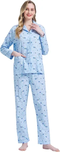 Miniatura 7 de Amaxer Conjunto de pijama 100% algodón para mujer, de manga larga, suave, con botones, con cordón elástico