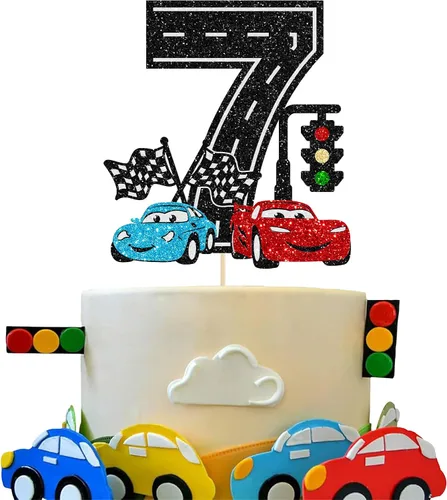 Miniatura 12 de Ephlyn 1 pieza de decoración para tarta de primer cumpleaños de coche de carreras con purpurina, decoración de tarta 1er cumpleaños para bandera a