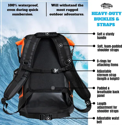 Miniatura 7 de TACTIKO Mochila resistente 100% impermeable, bolsas secas enrollables para kayak, senderismo, campamento, supervivencia
