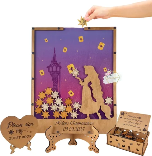 Miniatura 19 de Quinceanera Guest Book Alternative, Personalized Wooden Acrylic Princess Dress Frame with Butterfly Drop Chips, Custom Name Date Sign in Keepsake Set