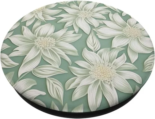 Miniatura 2 de Patrón de flores blancas Salvia Verde Floral PopSockets Standard PopGrip