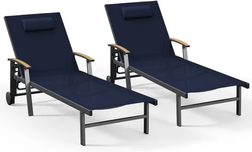 Miniatura 27 de Ciokea Sillón para exteriores con almohada, tumbona de aluminio de 5 posiciones con ruedas y reposabrazos, silla de piscina resistente de 400 libras