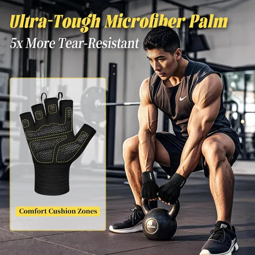 Miniatura 5 de HOZMOZ Guantes de levantamiento de pesas con soporte de muñeca, guantes de entrenamiento de gimnasio para hombres y mujeres, palma completa de 0.236