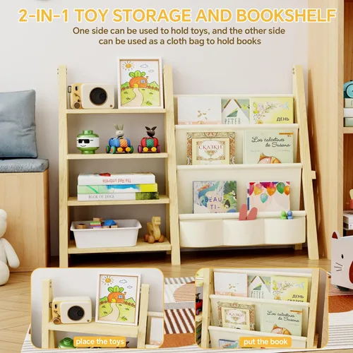 Miniatura 3 de Organizador de almacenamiento de juguetes con estantería para niños, organizador de juguetes Montessori de madera para habitaciones de niños