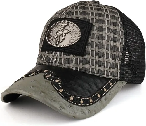 Trendy Apparel tienda paja diseño metálico Rodeo Cowboy caballo Logo de metal camionero de malla gorra de béisbol