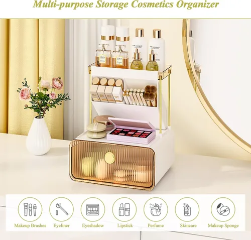 Miniatura 2 de FOLLOWIN Organizador de maquillaje de 3 niveles con cajón, exhibición de cosméticos con soporte para brochas de pintalabios, organizadores