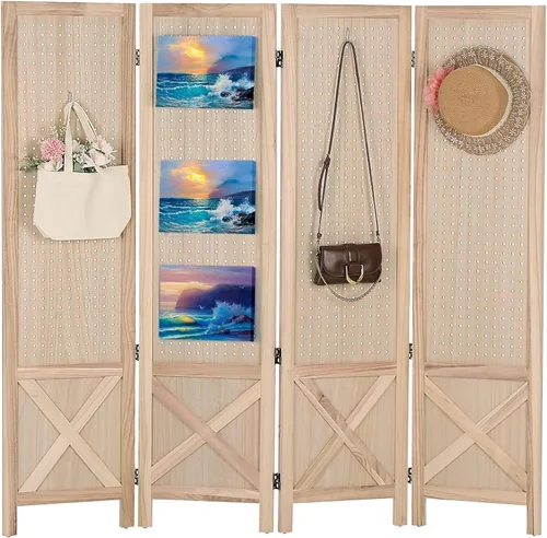 Miniatura 9 de Wnutrees Tablero de clavijas de 4 paneles, pantallas de privacidad plegables de madera de 5 pies, divisor de habitación, tablero portátil Blanco