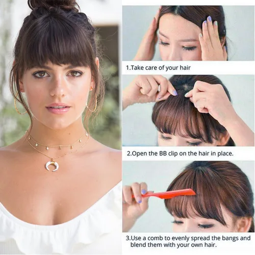 Miniatura 4 de Extensiones de cabello con clip, de fleco francés, natural, con flequillo, lacio, con flecos, con sienes para mujer, uso diario, color marrón medio