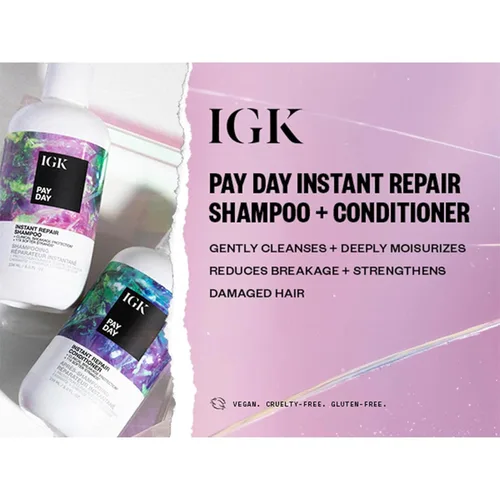 Miniatura 3 de IGK PAY DAY - Juego de champú y acondicionador de reparación instantánea Repara el daño + aumenta la fuerza Vegano + libre de crueldad 8 onzas