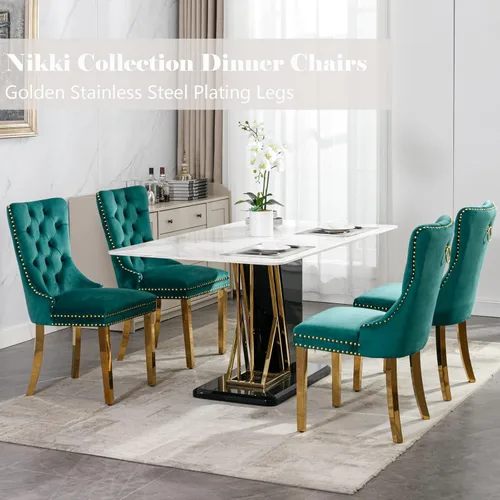 Miniatura 8 de Juego de 4 sillas de comedor de terciopelo, sillas de comedor tapizadas con anillo trasero y patas de acero inoxidable doradas, silla de comedor