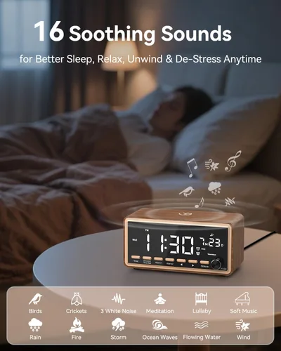 Miniatura 7 de Radio despertador digital para dormitorios, radio FM y máquina de sonido de ruido blanco con temporizador, altavoz Bluetooth, reloj despertador dual
