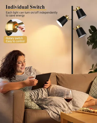 Miniatura 3 de QiMH Lámparas de pie de árbol para sala de estar, lámpara de pie moderna de 67 pulgadas con 3 bombillas LED, lámpara alta industrial de lectura