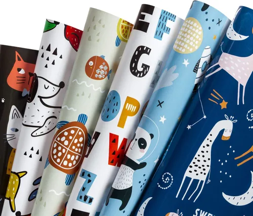 WRAPAHOLIC Hoja de papel de regalo, 12 hojas con bonito diseño de animales para cumpleaños, vacaciones, fiestas, baby shower, 17.5 x 39.3 pulgadas