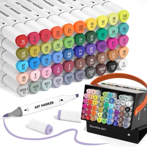 Shuttle Art Marcadores de alcohol con punta de pincel, juego de marcadores de arte de punta doble de pincel y cincel, 50 colores más 1 mezclador