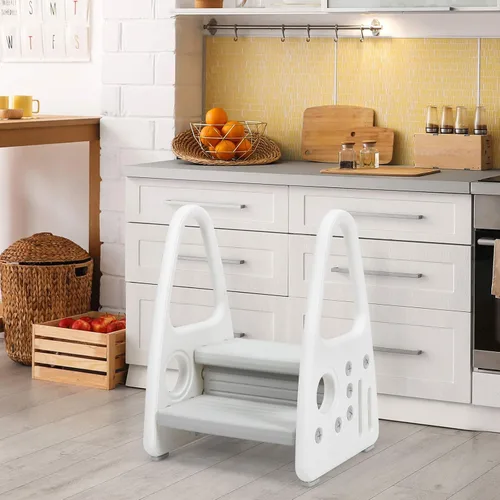 Miniatura 9 de Costzon Taburete para niños, escalera para entrenamiento de inodoro, encimera de cocina, baño, torre de dos escalones con diseño antideslizante, Gris