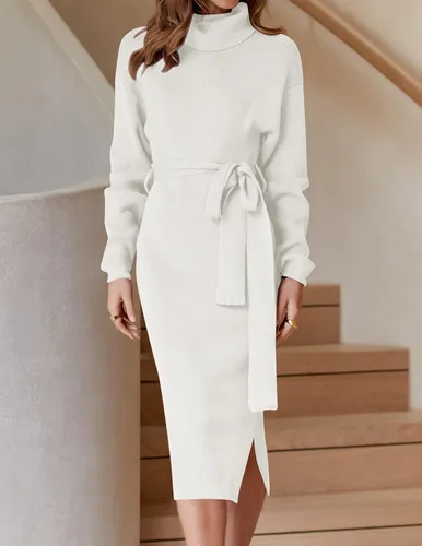 Miniatura 64 de ZESICA - Vestido por debajo de la rodilla de suéter, de cuello alto, para mujer, de manga larga, de punto acanalado, con abertura y cinturón