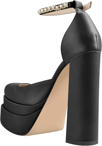 Miniatura 3 de onlymaker Women's Chunky Heel Platform Sandals Crystal Clasp Square Toe Rhinestone Ankle Strap Satin Pumps