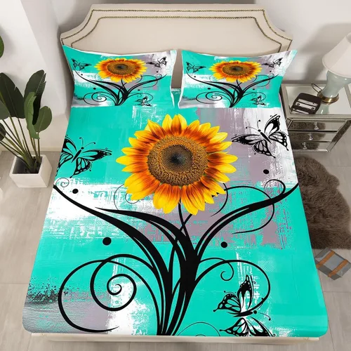 Miniatura 12 de Erosebridal Juego de ropa de cama rústica de tamaño individual, diseño de mariposa y girasol, para niños, adolescentes, adultos, retro, grunge