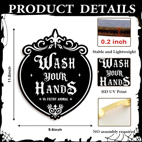 Miniatura 2 de Kercan Arte de pared gótico de madera, 9.6 x 11.8 pulgadas, letrero de pared con texto en inglés "Wash Your Hands", decoración del hogar de brujas