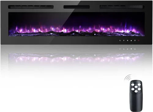 Insertos de chimenea eléctrica montados en la pared de 60 pulgadas, 12 colores de llama, protección contra sobrecalentamiento y temporizador de 1-8