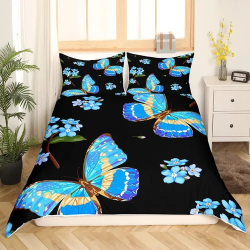 Miniatura 2 de Erosebridal Juego de ropa de cama con diseño de mariposas y flores azules, tamaño individual, funda de edredón floral de acuarela para niños