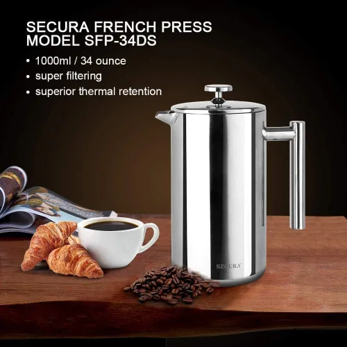 Miniatura 7 de Secura Cafetera de prensa francesa, prensa de café aislada de acero inoxidable de grado 304 con 2 pantallas adicionales, 34 onzas (1 litro)