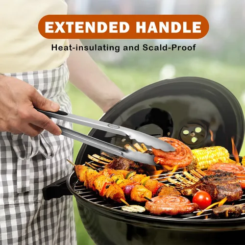 Miniatura 6 de TACGEA Pinzas de cocina de acero inoxidable, agarre antideslizante de silicona, pinzas de bloqueo para alimentos a la parrilla, juego de 2, 9