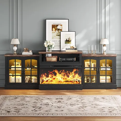 Miniatura 11 de MXV - Soporte de chimenea para TV de 59 pulgadas, centro de entretenimiento estilo granja con soporte de TV de 3 lados de vidrio, consola multimedia