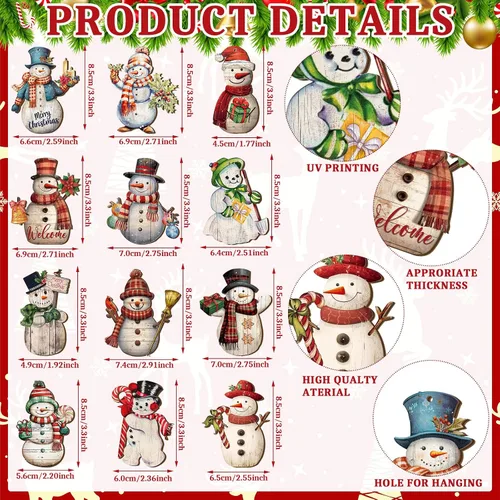 Miniatura 3 de Huwena 36 piezas de adornos de muñeco de nieve de Navidad para árbol, adornos de muñeco de nieve de Navidad, tallas de madera, adornos de árbol