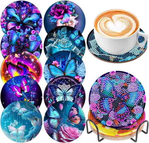 10 posavasos de pintura de diamante, posavasos de arte de diamante de mariposa con soporte, kits de manualidades de flores para principiantes,