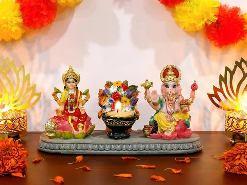 Miniatura 7 de BangBangDa Lakshmi - Estatua de Ganesha con Diya – 4.1 pulgadas de alto, diosa hindú de Polystone Laxmi e ídolo Ganesa para Diwali/Año