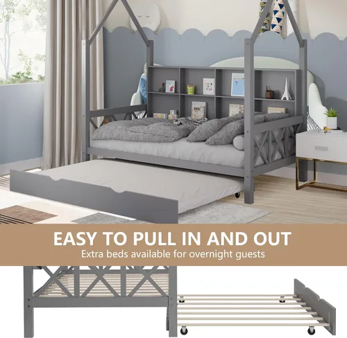 Miniatura 3 de Cama Full House con nido y estante de almacenamiento para niños, marco de cama de madera tamaño full con barandillas del techo y cabecero