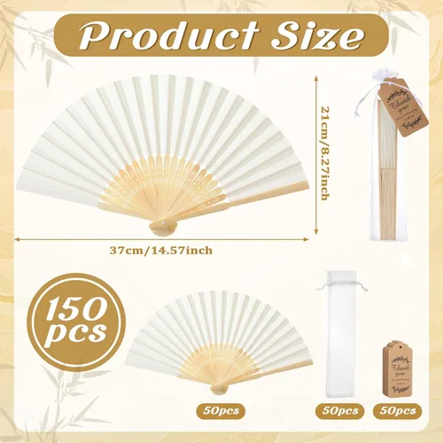Miniatura 2 de Roowest Paquete de 50 abanicos plegables de papel hechos a mano con bolsas de regalo, tarjeta de agradecimiento, ventilador plegable de mano de Beige