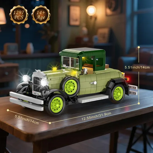 Miniatura 2 de Juego de construcción de modelo de coche clásico vintage con luz para adultos, niños y niñas (1297 unidades), modelo de autos antiguos, colección