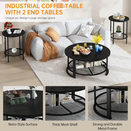 Miniatura 4 de DKLGG Mesas de centro negras de 3 piezas para sala de estar, mesa de centro redonda de madera de 3 piezas, mesas auxiliares y mesas auxiliares