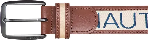 Miniatura 3 de Nautica Men's Signature Leather and Canvas Belt Ribbon Detail Flag Design Classic Casual Metal Buckle