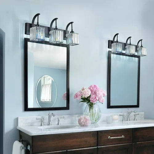 Miniatura 5 de Luces de tocador de cristal de 3 luces negras para tocador de baño, modernas lámparas de baño de cristal sobre espejo de 23.62 pulgadas de largo