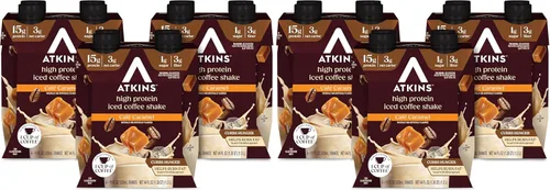 Atkins-Batido proteico de café helado con caramelo, 0.53 oz de proteína, bajo índice glucémico, 0.11 oz de carbohidratos netos, 0.03 oz de azúcar,