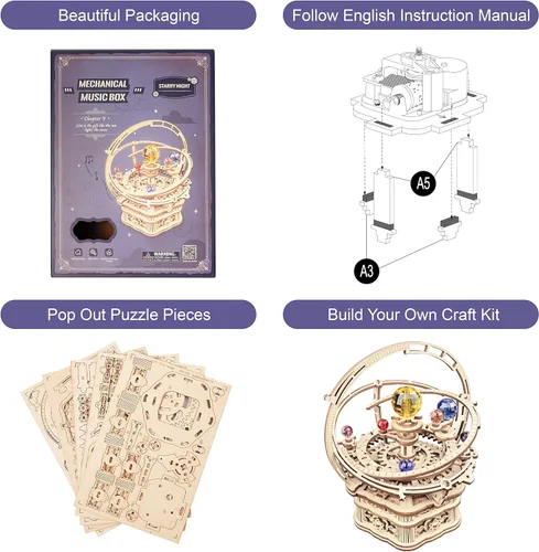 Miniatura 4 de RoWood Rompecabezas de madera 3D para adultos y adolescentes, caja de música para que armes tú mismo, kits de manualidades mecánicas, exhibición