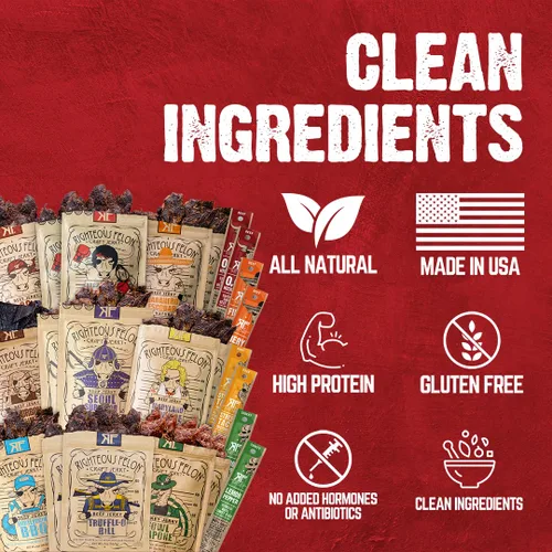 Miniatura 9 de RIGHTEOUS FELON Paquete Variado de Cecina de Res y Palitos de Carne, Alta en Proteína, Baja en Carbohidratos, Baja en Azúcar, Sin Gluten, Bocadillos