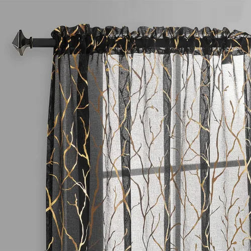 Miniatura 15 de FINECITY - Cortinas de plata traslúcidas de 45 pulgadas de largo - Cortinas impresas de ramas de árbol plateadas metálicas para ventana de cocina
